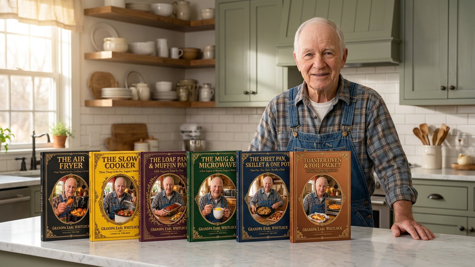 Grandpa Earl Whitlock in his farmhouse kitchen behind his six cookbooks